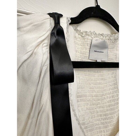 Reformation Inara Satin Bow Top Women’s Size 2 Small Smocked Fitted Blouse - Picture 7 of 11